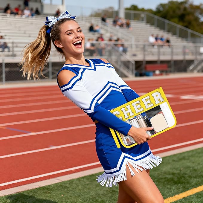 BuyCard Cheer Chenille Letter Bags Clear Makeup Bag, Cheerleader Gifts Cosmetic Bag, Varsity Preppy Patch Flat Pouch Cheer Accessories, Waterproof PVC Organizer Toiletry Bag for Women Girls Yellow