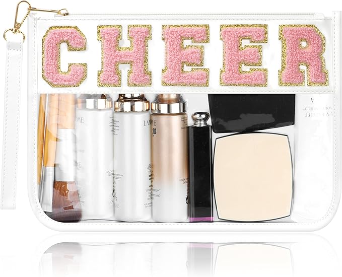 BuyCard Cheer Chenille Letter Bags Clear Makeup Bag, Cheerleader Gifts Cosmetic Bag, Varsity Preppy Patch Flat Pouch Cheer Accessories, Waterproof PVC Organizer Toiletry Bag for Women Girls White