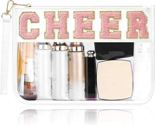 BuyCard Cheer Chenille Letter Bags Clear Makeup Bag, Cheerleader Gifts Cosmetic Bag, Varsity Preppy Patch Flat Pouch Cheer Accessories, Waterproof PVC Organizer Toiletry Bag for Women Girls White