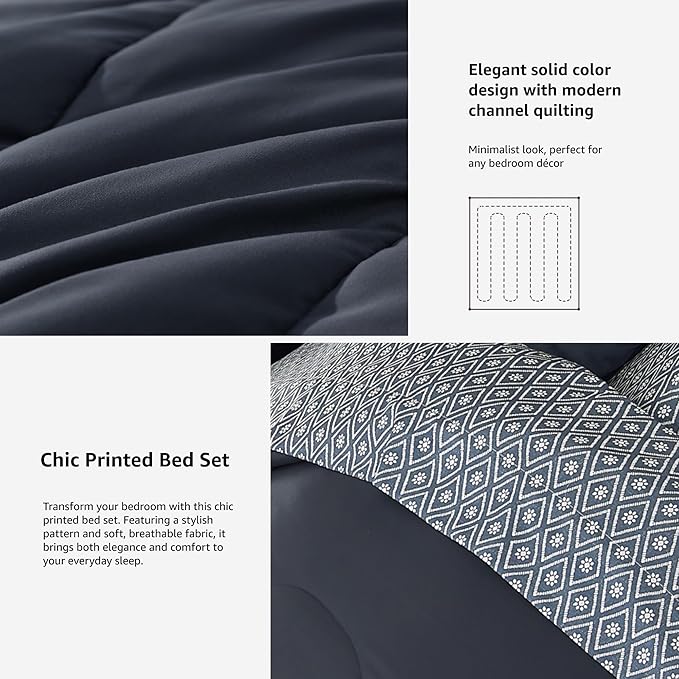 Monbix Queen Comforter Set - 7 Pieces Blue Grey Bed in a Bag Queen Track Stitching Bedding Sets, All Seasons Comforter Bed Set with Sheets, Pillowcases & Shams