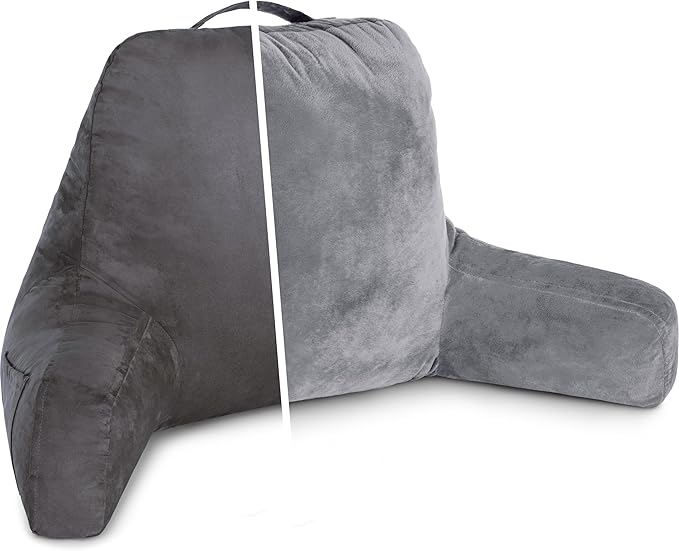 Husband Pillow Aspen Iron Grey, Reading Pillow Bed Rest Chair, Two-Sided Reversible Fabric, Large Lounge Cushion Adult Backrest with Arms, Comfy Back Support for Sit Sitting Up, Wash/Removable Cover