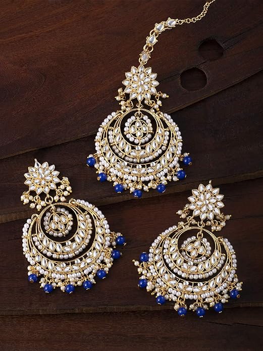 Aheli Bollywood Ethnic Chandbali Style Big Earrings Maang Tikka Set Traditional Fashion Jewelry Gift for Women