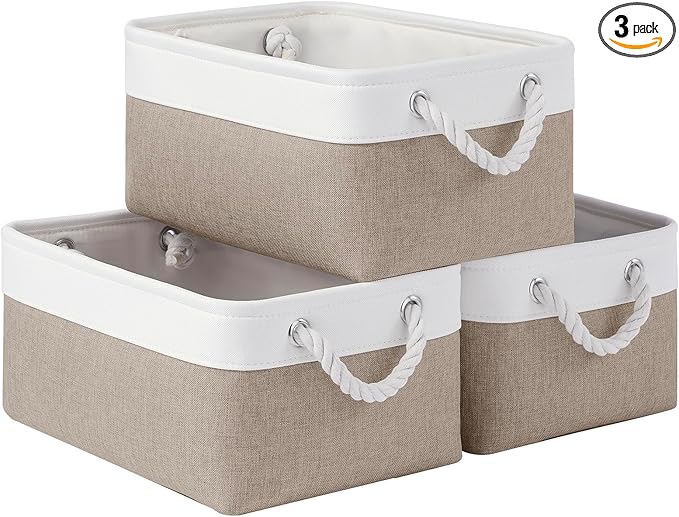 VQRTEXA Storage Baskets for Shelves 13.8x9.8x6.7 Inch, Foldable Fabric Storage Bins with Handles, Small Storage Baskets for Organizing Closet, Bathroom, Office, Home Organization (3-Pack, White&Khaki)