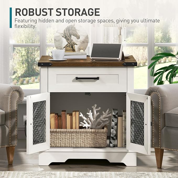 White Farmhouse End Table Set of 2, 24" Large Sofa Side Table with Drawer, Large End Table for Living Room, Wooden Nightstand with Charging Station, Square, White and Walnut