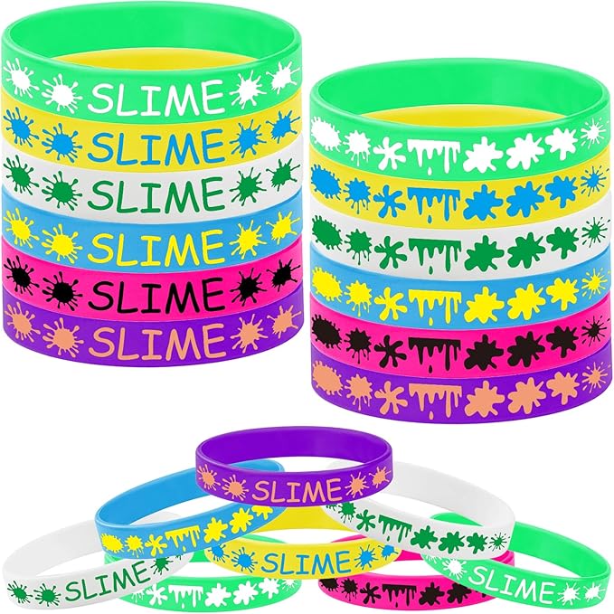 24PCS Slime Rubber Bracelet Party Favors -Rainbow Slime Themed Silicone Wristbands Party Supplies Art Paint Birthday Baby Shower Party Decorations