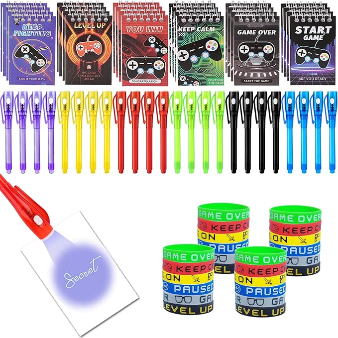 Invisible Ink Pens Notebook Silicone Bracelet Video Game Party Favors Birthday Supplies for Kids Bags for Secret Message Valentine's Day 72 Pcs Game On Stuffer Gifts Spy Pen Party Favors for Kids 8-12