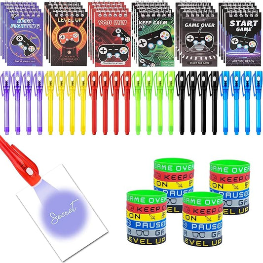 Invisible Ink Pens Notebook Silicone Bracelet Video Game Party Favors Birthday Supplies for Kids Bags for Secret Message Valentine's Day 72 Pcs Game On Stuffer Gifts Spy Pen Party Favors for Kids 8-12