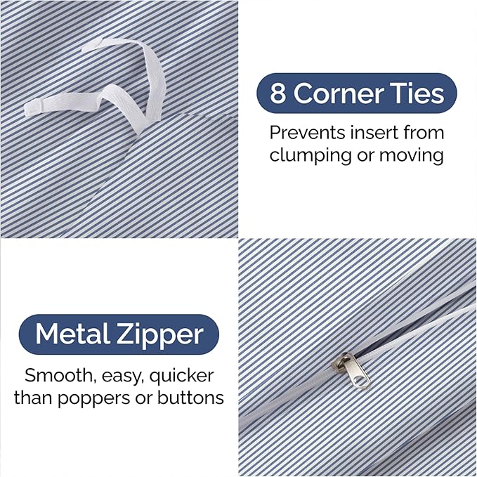 Duvet Cover Full Size Set - Extra Soft Full Size Duvet Cover 80 x 90 with 2 Pillow Shams - Hotel Luxury Easy Care and Fade Free w/Zipper Closures & Ties - Comfy Breathable Bedding Set (Blue Stripes)