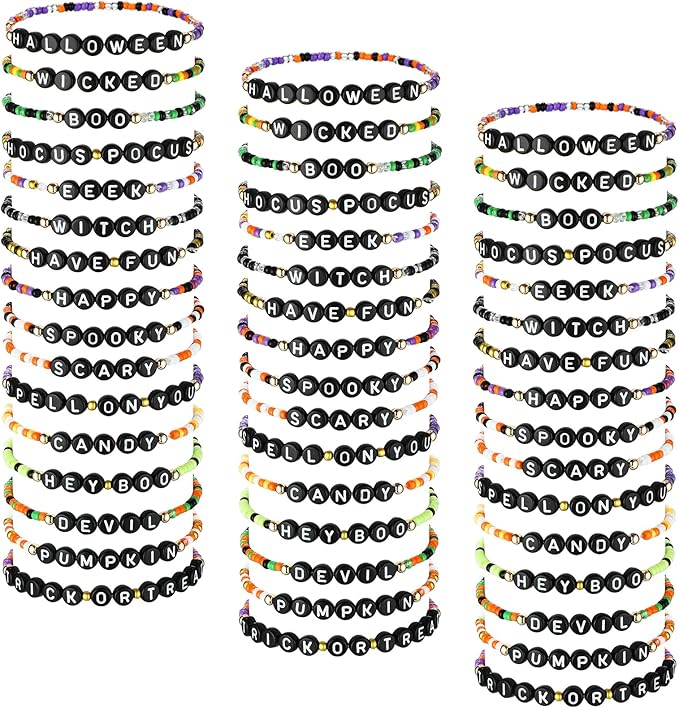 48 Pcs Colorful Kids Friendship Bracelet Set Adjustable Beads Bracelets Cute Friendship Princess Pretend Play Bracelet Stretch Beaded Bracelet Preppy Bracelets Set for Girls Women (Spooky)