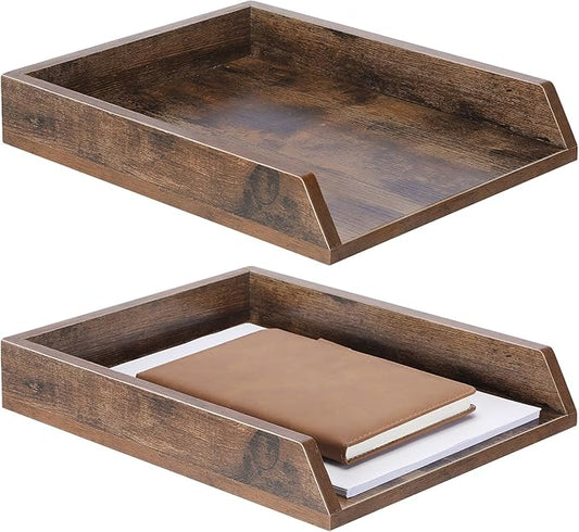 DoubleFill 2 Pcs Wooden Letter Trays Wood Letter-Size Desk Organizer Heavy Duty 2 Tier Stackable Supports Paper Tray Desktop Drawer Organizer File Folder Magazine Office Accessories (Dark Wood)