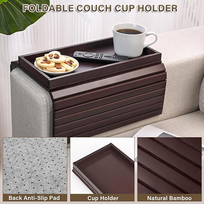 Bamboo Sofa Arm Tray, Anti-Dropping Couch Arm Tray, Foldable Sofa Armrest Tray Couch Arm Table for Eats, Drinks, Snacks, Remote, Cellphone, Cup Holder, Back Anti-Slip Pad Design