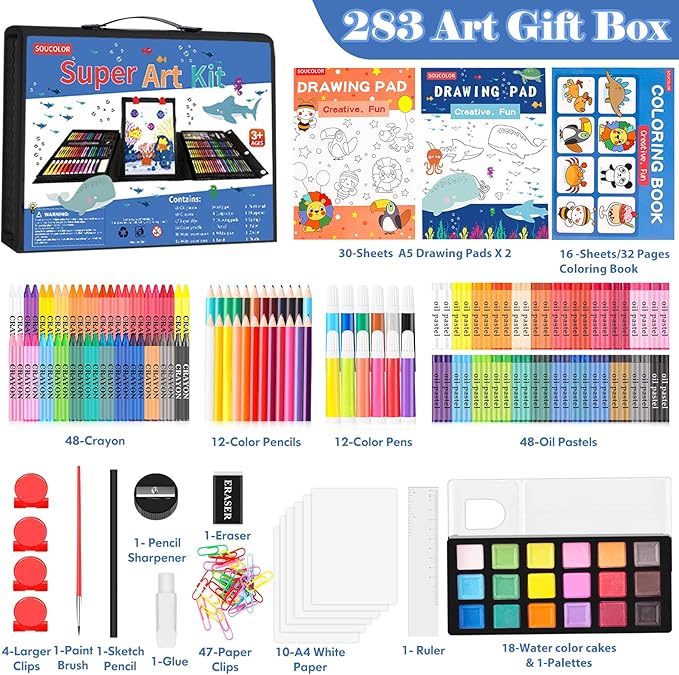 Soucolor Art Supplies, 283 Pieces Drawing Set Art Kits with Trifold Easel, 2 Drawing Pads, 1 Coloring Book, Crayons, Pastels, Arts and Crafts Gifts Case