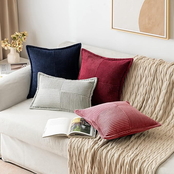 MIULEE Decorative Throw Pillow Covers for Couch Bed Livingroom 20x20 Inch Set of 2 Cranberry Red Boho Accent Throw Pllows Broadside Striped Patchwork Soft Corduroy Pillowcases