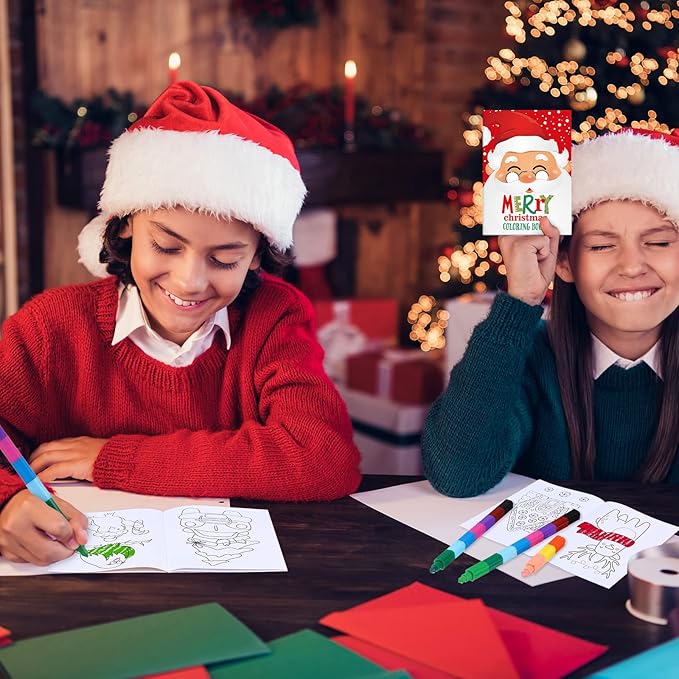 Funrous 24 Pcs Christmas Coloring Book for Kids Bulk with 24 Crayons, Christmas Activity Books with Marker Xmas Stocking Goodie Bag Stuffers for Holiday Students Classroom Gifts Party Favors (Vivid)