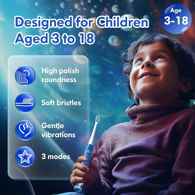 Kids Electric Toothbrush Rechargeable Age 3-5-6-12-18 Year Old, Childrens Electric Toothbrush with Timer 3 Modes 4 Vibrating Heads Habit Stickers 31000VPM Boys Electric Toothbrush (Astronaut Blue)