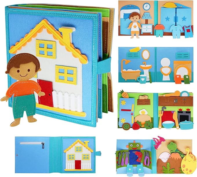 Daily Life of Boys Busy Book for Toddlers,Montessori Busy Books,Preschool Felt Busy Quiet Book Learning Life Skills,House Pretend Play Dress UP Game,Montessori Toys for 3 4 5 Years Autism Sensory