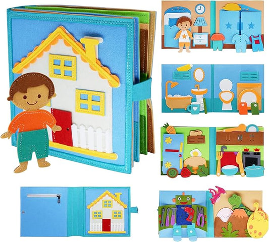 Daily Life of Boys Busy Book for Toddlers,Montessori Busy Books,Preschool Felt Busy Quiet Book Learning Life Skills,House Pretend Play Dress UP Game,Montessori Toys for 3 4 5 Years Autism Sensory
