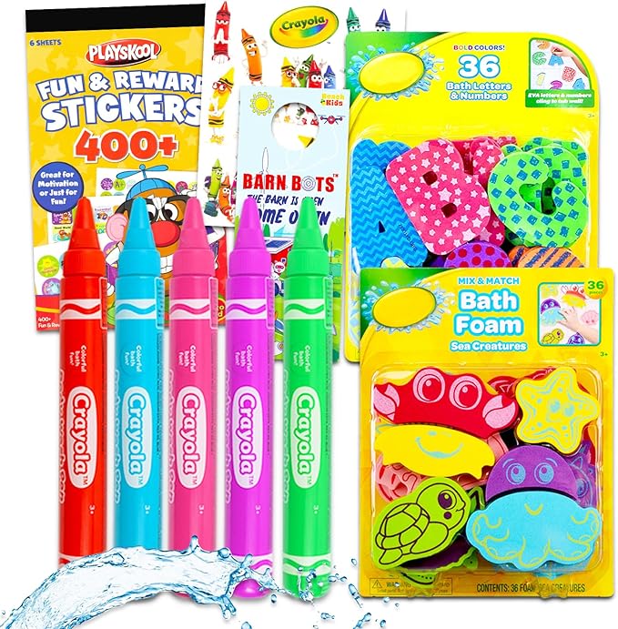 Crayola Bath Set Shower Toys Bundle - 9 Pc Crayola Kids Bathroom Set with Crayola Body Wash Pens, Bath Toys, and Stickers