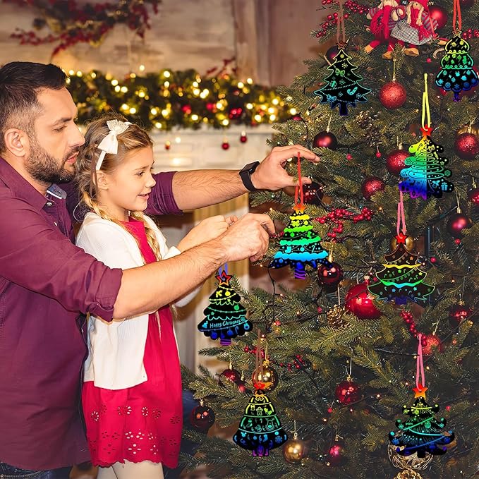 JULMELON 36 PCS Christmas Scratch Art, Christmas Crafts for Kids Magic Rainbow Scratch Paper Cards Christmas Tree Hanging Ornaments Decorations DIY Winter Holiday Party Favors