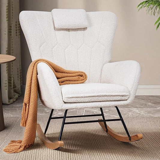 VECELO Rocking Chair Nursery with Thick Headrest, Modern Teddy Upholstered Reading Glider Rocker Accent Armchair with High Backrest, Padded Seat, Side Pocket, for LivingRoom, Bedroom, Baby Room, White