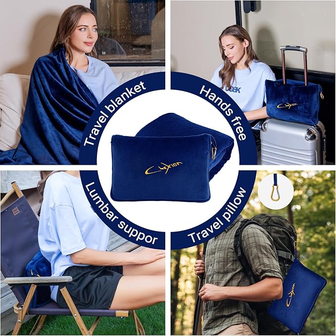 CLEXION Travel Blanket & Pillow Set, 300 GSM Soft Fleece, 60x43 Inches, 3-in-1 Airplane Blanket, Travel Pillow and Blanket Set, Travel Blanket Airplane Compact with Bag, Travel Essentials, Navy