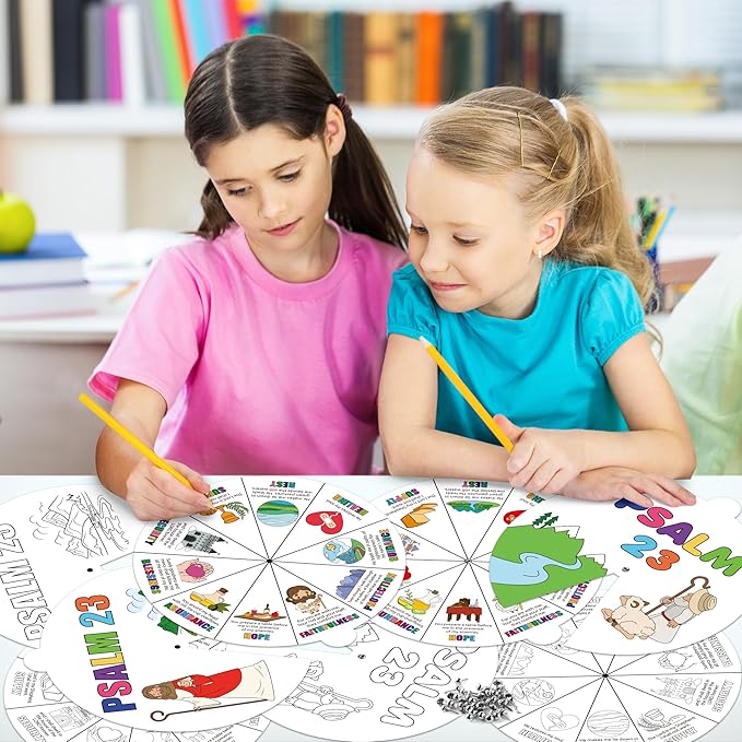 COcnny Psalm 23 Christian Coloring Craft - 24 Sets Color Your Own Religious Bible Wheel Cards for Kids, Baptism Verse Art Coloring Paper Game DIY Jesus Biblical Activities for Sunday School Class Home