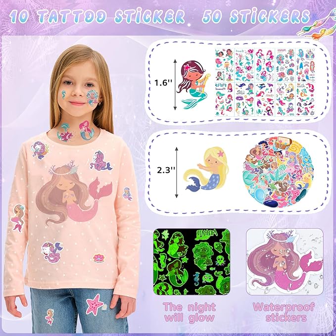 132 Pcs Mermaid Party Favors, Mermaid Birthday Party Favorsfor Kids with Mini Notebooks Pens Slap Bracelets Rings Hairpin Stampers Stickers Bags for Girls Mermaid Birthday Party Decorations Supplies