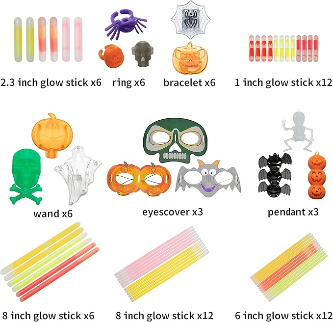 JOYIN 72 Pcs Halloween Glow Stick Bulk Light Up Party Supplies with 3 Eyescover, 3 Pendants, 6 Rings, 6 Wands, 6 Bracelets, 48 Glow Sticks for Halloween Glow in the Dark Party Favor Goodie Bag Fillers