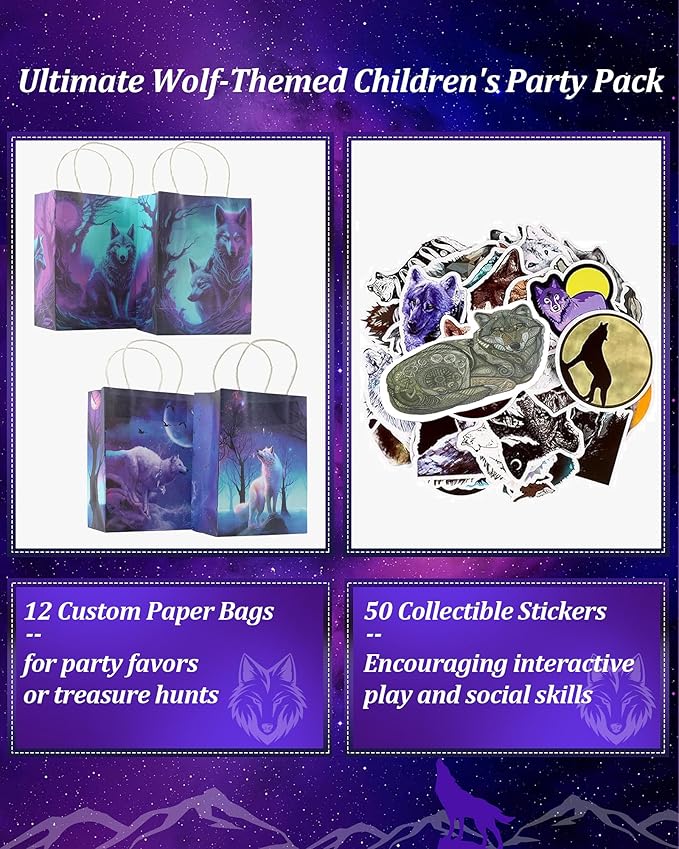 98 pcs Halloween Wolf Party Favors For Kids -Wolf Birthday Party Favors with Wolf Storage Bag Balloons Keychains Clapping Wristbands and Wolf Stickers for Wolf Party Decorations and Halloween