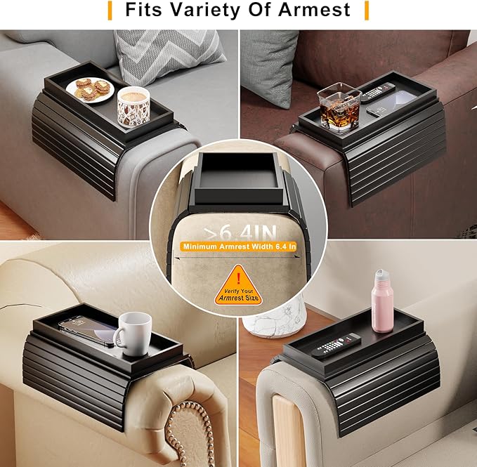 Bamboo Sofa Armrest Tray Table for Couch - 2-in-1 Couch Arm Table with Be Slide Detachable Tray- Anti-Slip Foldable Sofa Armchair Caddy for Drinks Cellphone TV Remote Snacks (Black)