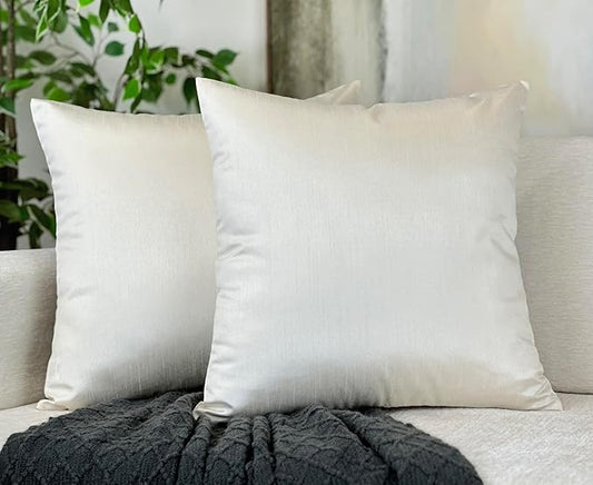 Aiking Home 18x18 Inches Faux Silk Square Throw Pillow Cover, Zipper Closure, Ivory (Set of 2)