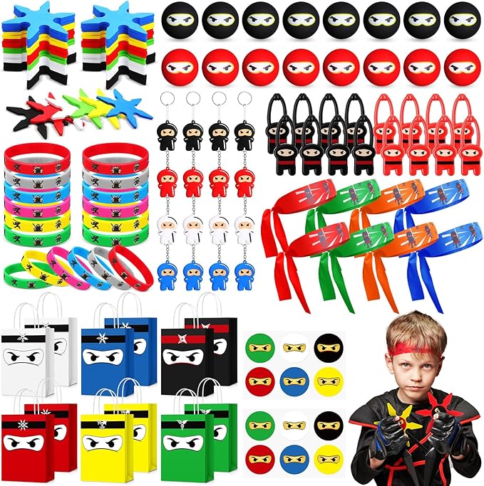 16 Guests 128 Pcs Ninja Party Favors Include Ninja Gift Bags Bouncy Balls Throwing Favors Flying Slingshot Headbands Silicone Bracelets Keychains Stickers for Ninja Birthday Party Supplies