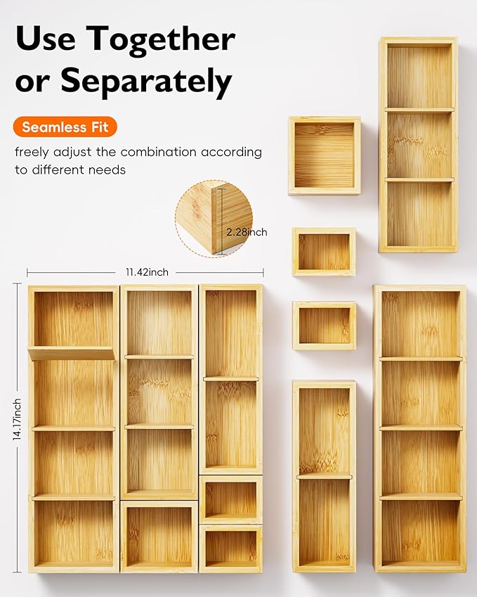 6PCS Desk Drawer Organizer Tray with 12 Compartments – Bamboo Office Storage Boxes Set for Junk Drawer Supplies, Utensils, Cosmetics, Jewelry and More
