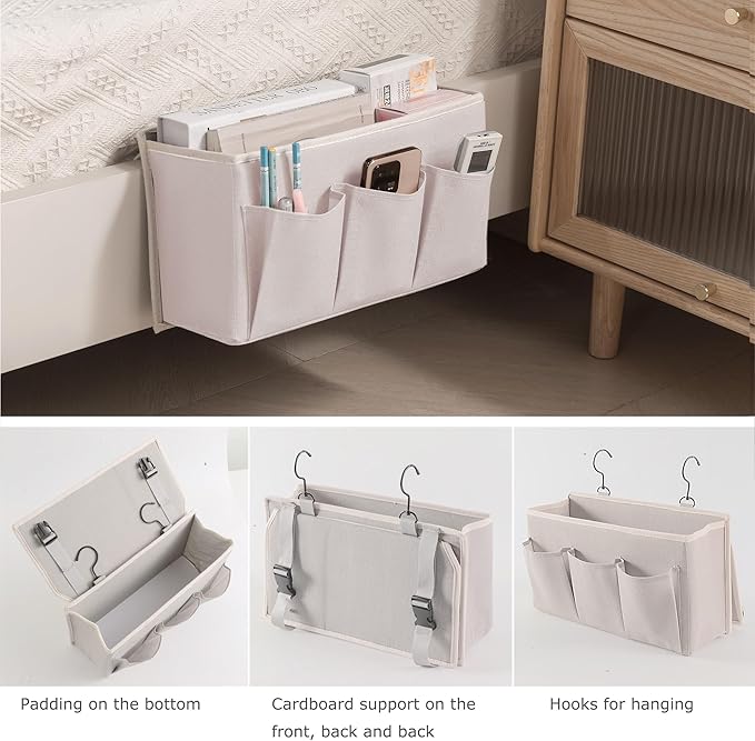 Bedside Caddy / Bedside Storage Organizer Hanging Bag with Three Options,Suitable for home beds, sofas, and dormitory beds—can hold magazines, books, phones, iPads, remote controls. (2-Pack White)