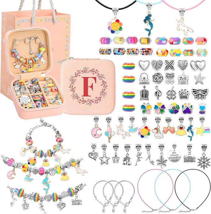 Charm Bracelet Making Kit for Girls 3-12, Kids Jewelry Making Kit 66Pcs Jewelry Kits for Girls Ages 8-12 Jewelry Maker Craft Necklace Birthday Christmas Gifts with Initial Jewelry Organizer Box - F