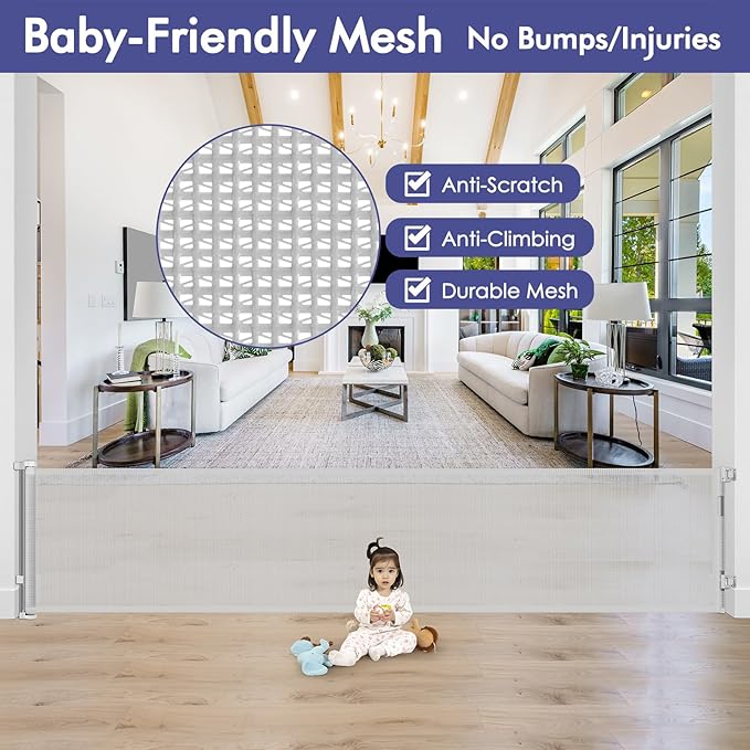 145 Inch Extra Long Baby Gate Retractable Dog Gate Outdoor Retractable Gate Indoor Retractable Baby Gate for Extra Wide Openings Retractable Pet Gate Retractable Fence for Doorways, Decks, Light Gray