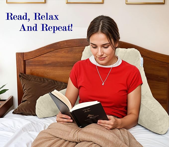 ComfortSpa Reading Pillow for Kids Teens Adult, Back Rest Pillow with Arms, Pockets, Washable Cover; Use as a Back Pillow for Bed Sitting Up for Bedrest or Relief from GERD Heartburn (Standard Cream)