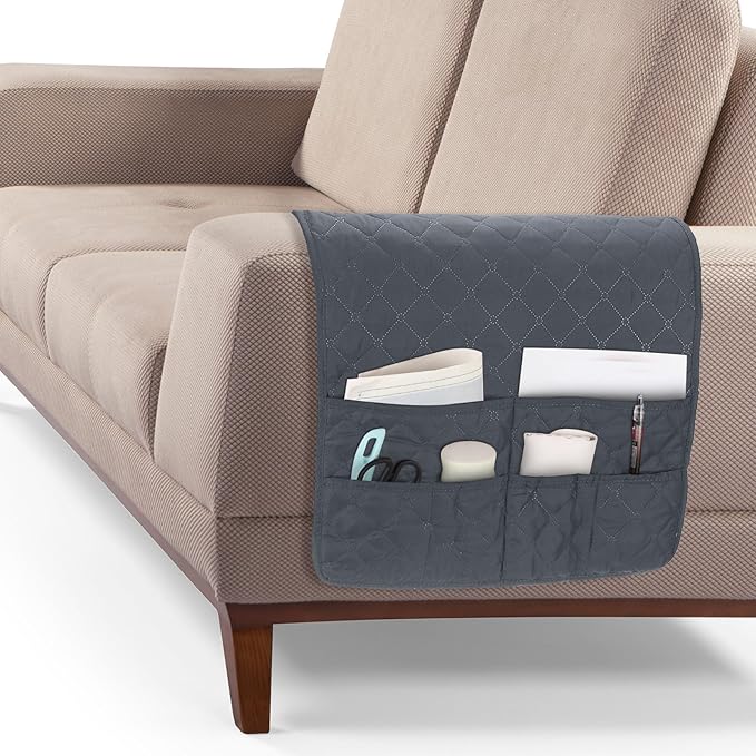 uxcell Couch Sofa Armrest Organizer Non-Slip Chair Arm Recliner Remote Control Organizer with 6 Pockets for Books, Magazines, Tablet, Phone, Gray