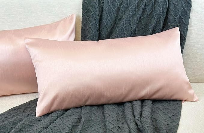 Aiking Home 12x24 Inches Faux Silk Rectangular Throw Pillow Cover, Zipper Closure, Rose Pink (Set of 2)