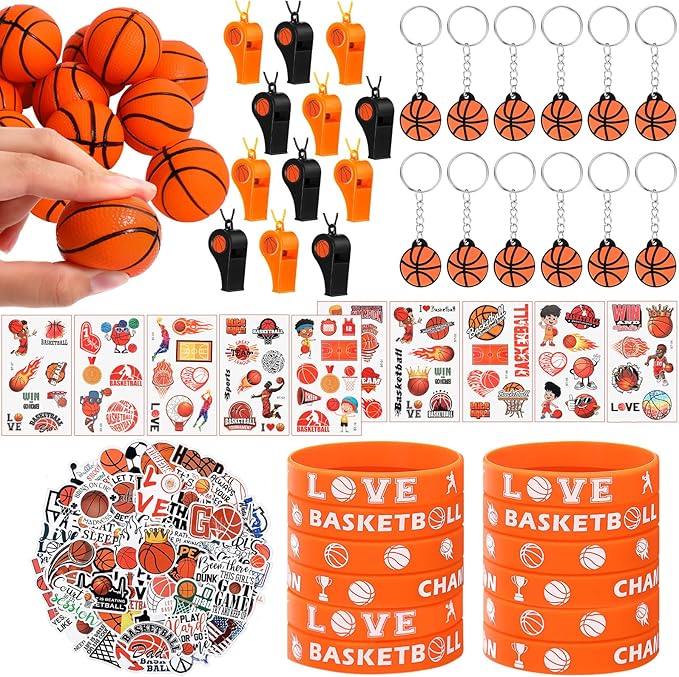 Aoriher 108 Pcs Basketball Party Favors Set Basketball Party Themed Goodie Bag Fillers Mini Basketball Balls Whistle Silicone Bracelet Tattoo Sticker Temporary Keychain for Sport Party Supplies