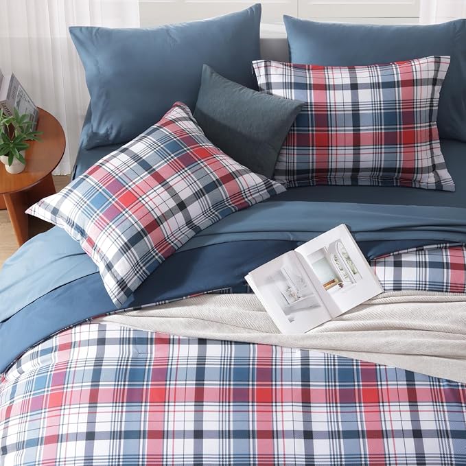 MaiRêve Full Size Plaid Comforter Set Navy Red, Classic 7 Pieces Farmhouse Bedding Set, All Season Lightweight Bed in A Bag with Sheets, Pillowcases & Shams