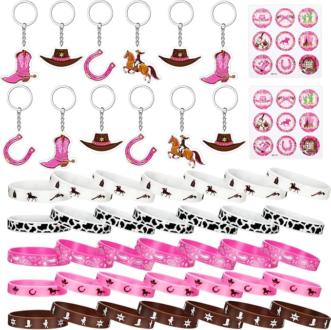 HyDren 48 Pcs Cowgirl Birthday Party Favors Including Cowgirl Silicone Bracelets Stretch Wristbands Acrylic Keychains and Round Stickers for Western Themed Birthday Gathering Party Supplies
