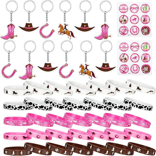 HyDren 48 Pcs Cowgirl Birthday Party Favors Including Cowgirl Silicone Bracelets Stretch Wristbands Acrylic Keychains and Round Stickers for Western Themed Birthday Gathering Party Supplies