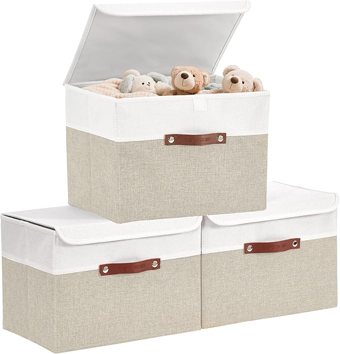 DECOMOMO Fabric Storage Bins with Lid, Storage Baskets for Shelves (Beige and White, 3 Pack)