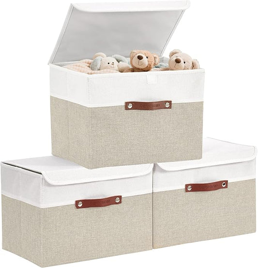 DECOMOMO Fabric Storage Bins with Lid, Storage Baskets for Shelves (Beige and White, 3 Pack)