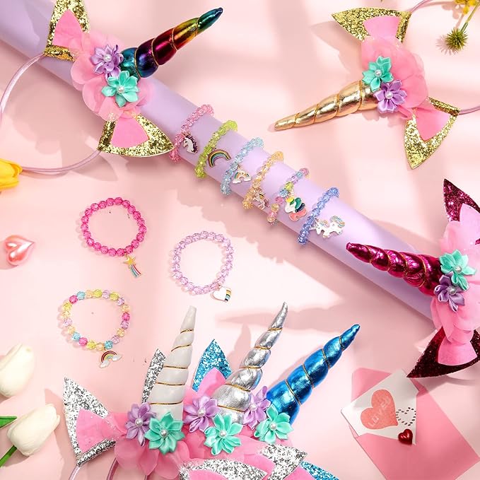 Jexine 18 Piece Unicorn Party Favors Include 9 Unicorn Headbands and 9 Unicorn Rainbow Beaded Bracelets Unicorn Horn Flower Headband for Girls Teen Birthday Back to School Gifts