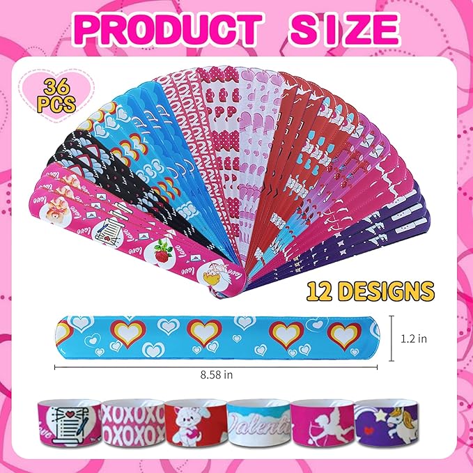 36 Pcs Valentines Day Slap Bracelets for Kids, Valentines Day Bulk Wristbands Toys for Valentines Favors Supplies, Birthday Giveaways, Classroom Prizes Exchanging Gifts