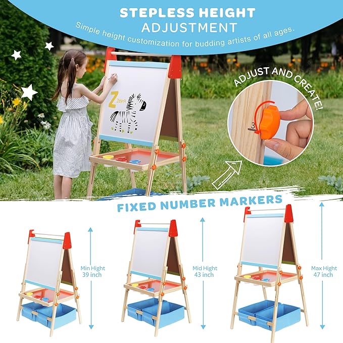 3 in 1 Adjustable Kids Art Drawing Easel Set-Sided Magnetic Whiteboard & Chalkboard with Painting Paper Roll - Versatile Art Station Gift for Toddlers, Kids and Childrens Ages 3+