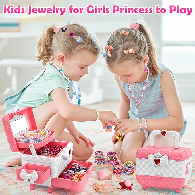 Kids Jewelry Toys for Girls Age 3 4 5 6 7 8 9 10, Toddler Dress Up Toy, Pretend Play Jewelry Set, Princess Jewelry with Hair Clips, Hair Ties, Toddler Girl Toys, Christmas Birthday Gifts for Girls