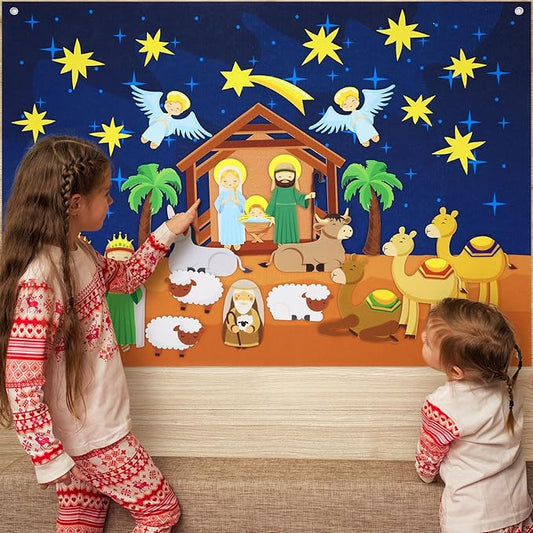 Batiyeer Nativity Felt Story Board for Toddlers 31 Pcs Birth of Jesus Felt Figure Felt Board Story Sets Interactive Felt Board for Kids Felt Story Board Pieces for Kids Classroom Activity Christmas
